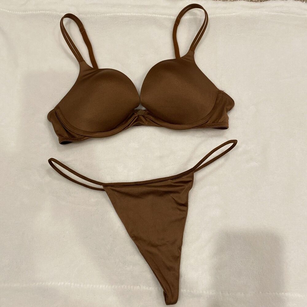 Victoria’s Secret Very Sexy 34B Brown Push Up Bra Small V-string Set lol